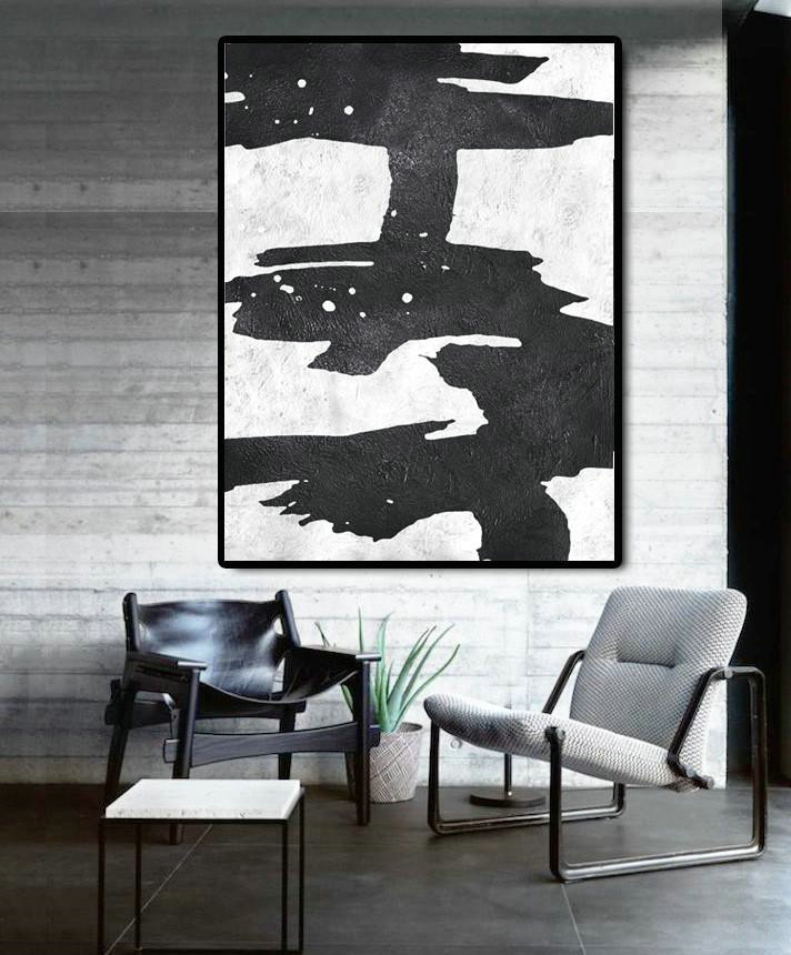 Large Abstract Art Handmade Oil Painting,Black And White Minimal Painting On Canvas - Modern Art Abstract Painting
